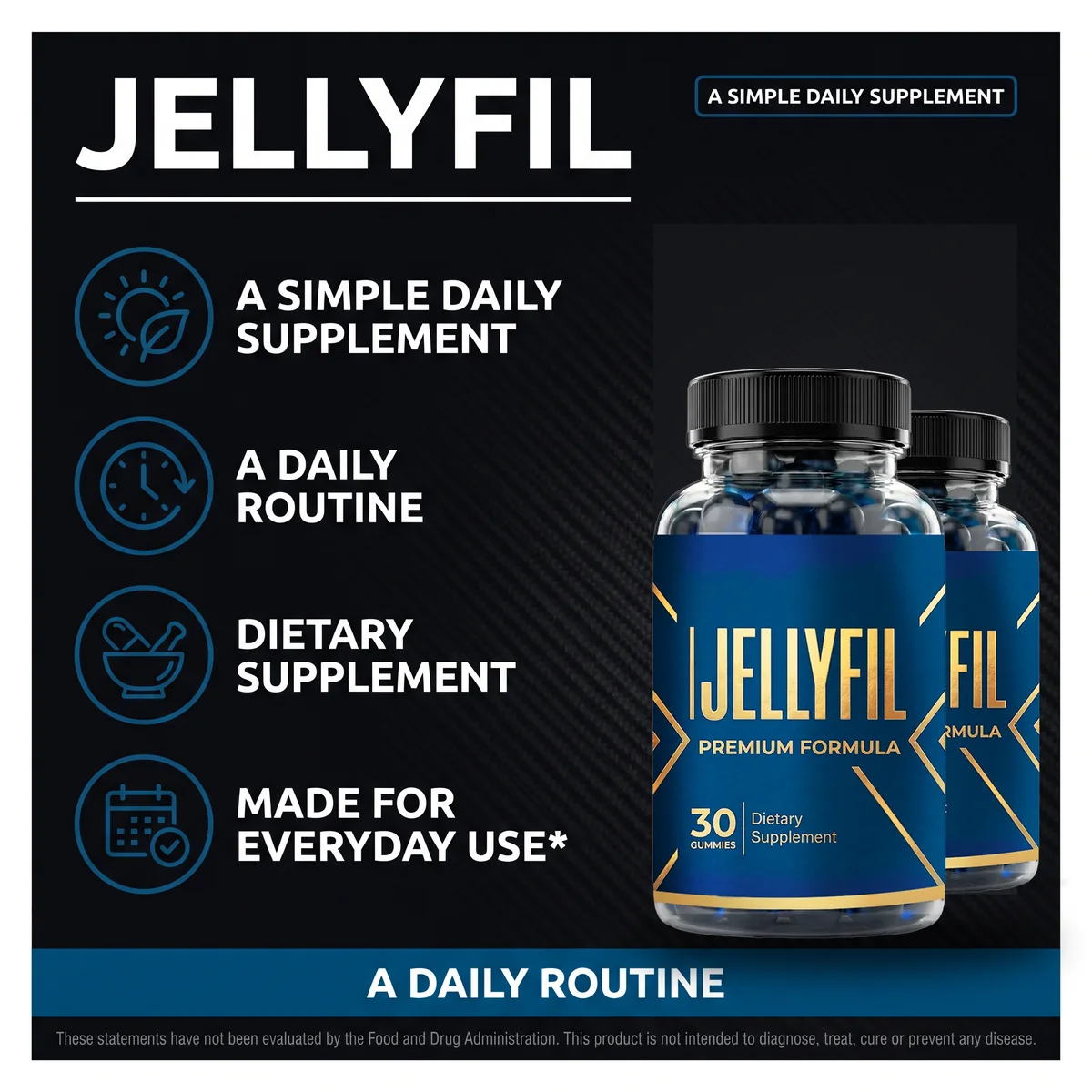 JellyFil shown as a simple daily supplement, gummies beside the bottle