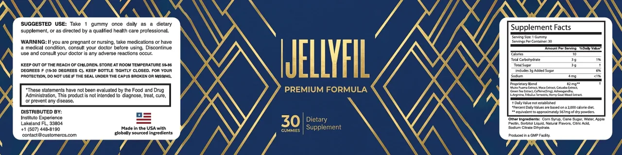 The JellyFil label artwork, showing the Supplement Facts panel, suggested use and distributor block
